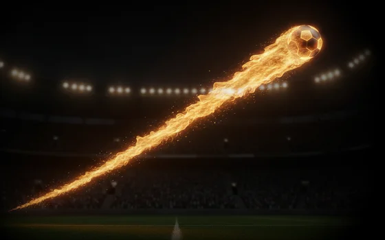 Ilustração estilizada de uma bola de futebol em chamas a sobrevoar um estádio iluminado, simbolizando o multiplicador crescente do jogo crash Betiator