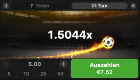 Widget do Betiator com os separadores Ecken e Tore, multiplicador 1,5044x, aposta de 5,00 e botão verde ativo «Auszahlen €7,52»