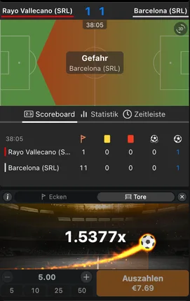 Painel do jogo com a indicação «Gefahr» durante um ataque do Barcelona (SRL) no resultado de 1:1, com o widget do Betiator por baixo, multiplicador 1,5377x e botão cinzento «Auszahlen €7,69»