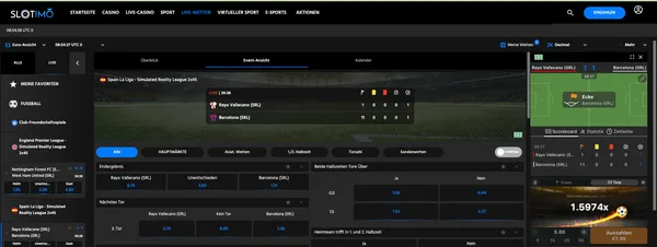 Página do jogo ao vivo da Slotimo para o encontro Rayo Vallecano – Barcelona (SRL) com o widget do Betiator na coluna direita, multiplicador 1,5974x